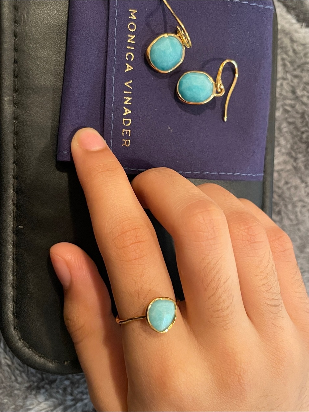 MONICA VINADER Gold Drop Earrings and ring with Aqua Blue Stones